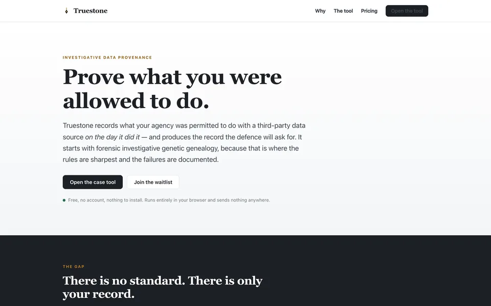 Truestone's landing page: Prove what you were allowed to do.